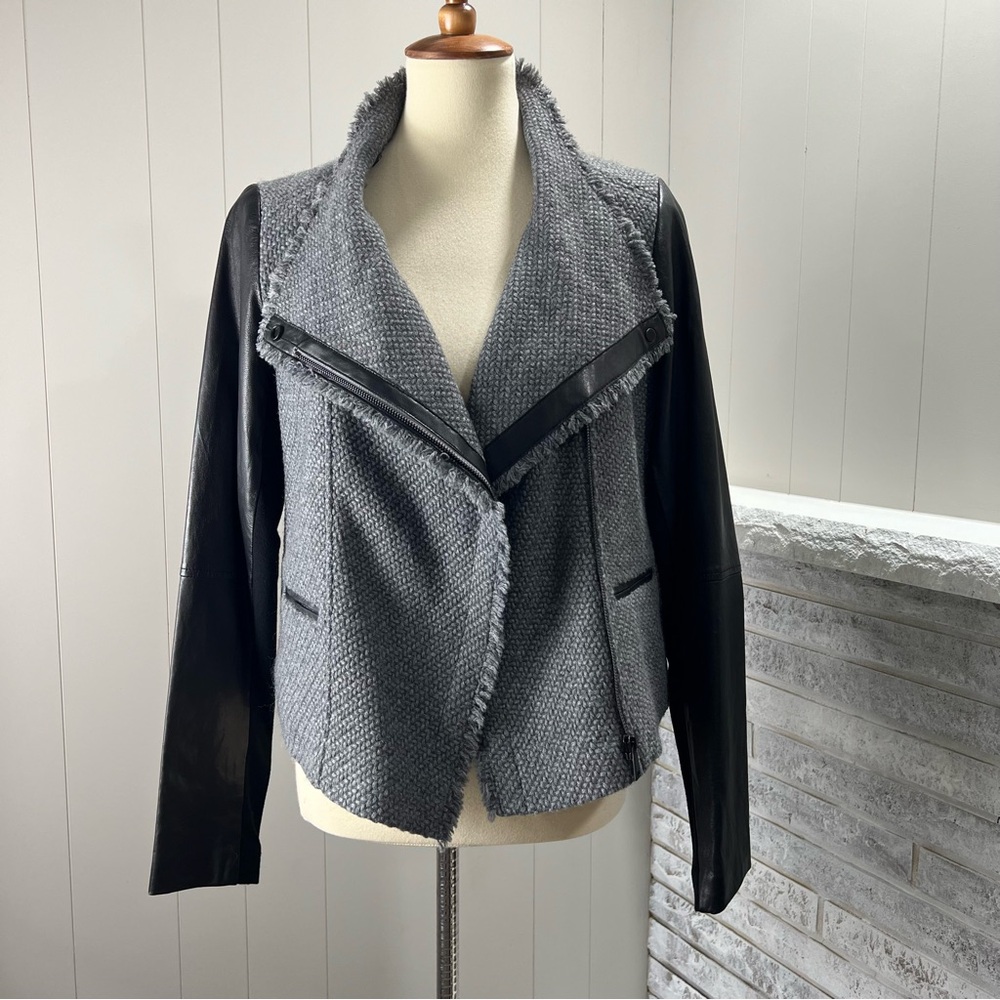 Vince Frayed Edge Wool Blend Leather Sleeve Asymmetrical Zip Moto Jacket M
